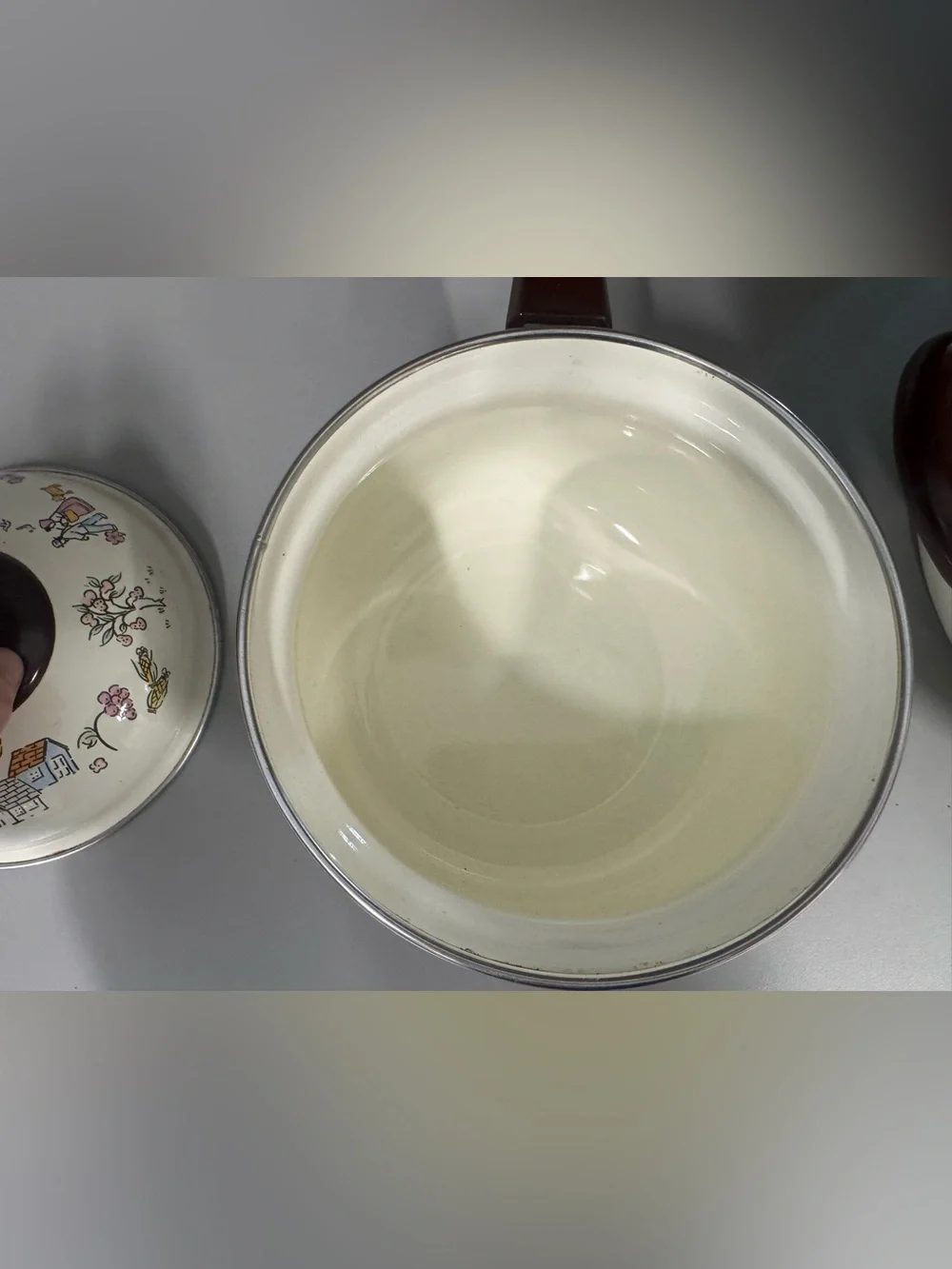 VTG Cottage Core Enamel Cookware Set of 2 Farmhouse Country Scene Pots W/ Lids
